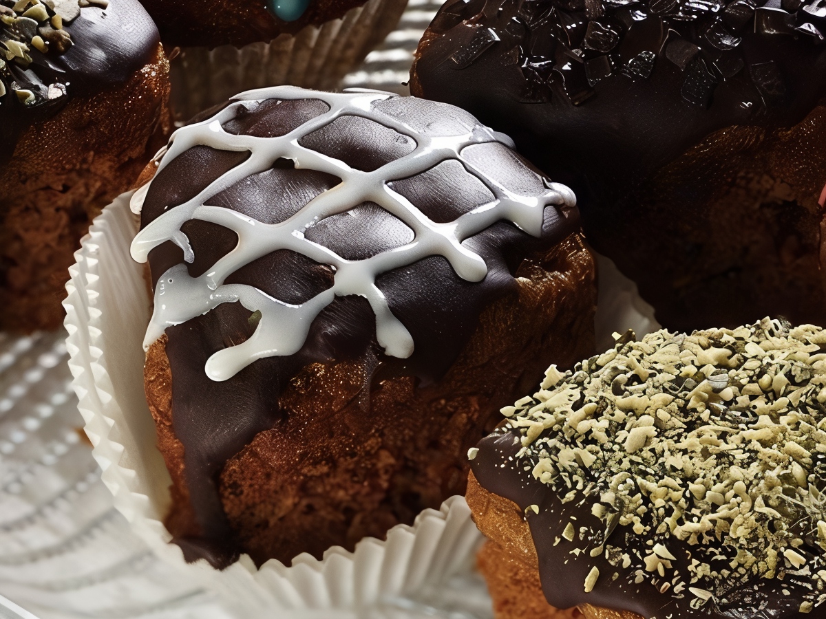 Chocolate Cupcakes with Smooth Chocolate Glaze and White Patterns