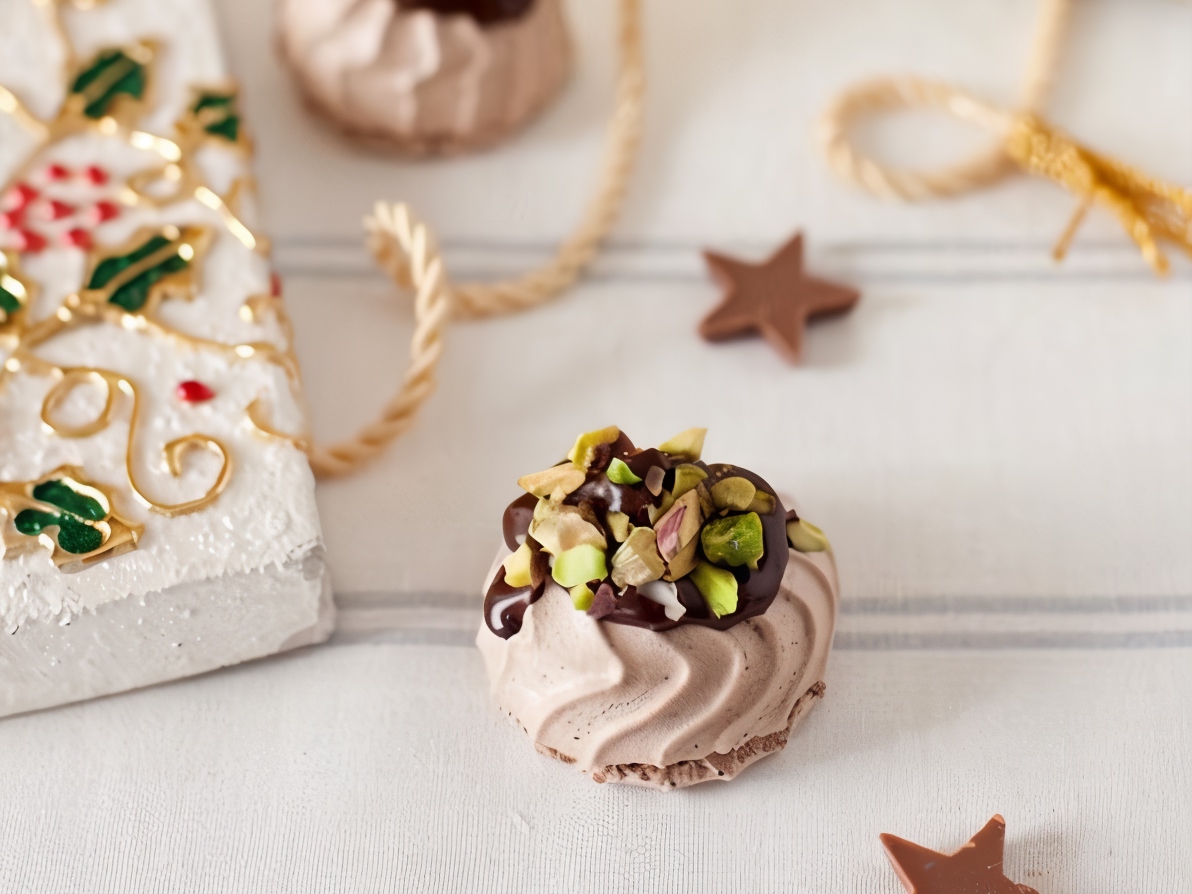 Chocolate Meringues with Orange Chocolate and Pistachio Crumble