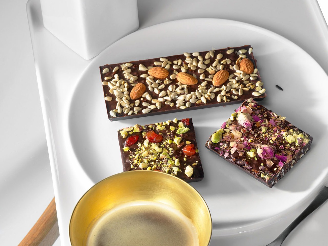 Chocolate Bars with Cashews, Barberry, and Pink Pepper