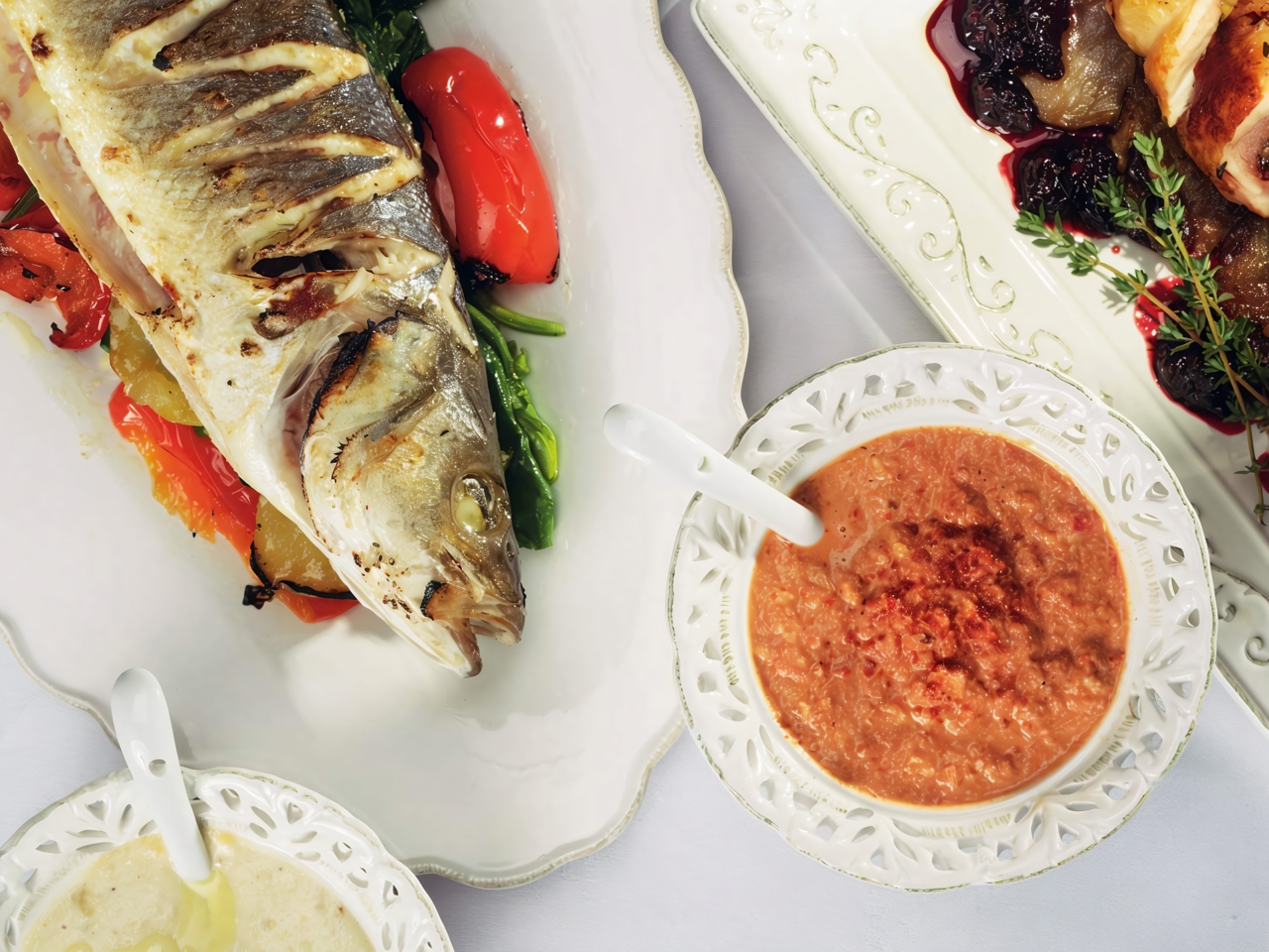 Sea Bass with Walnut Mukhurma and Cedar Nut Tarator