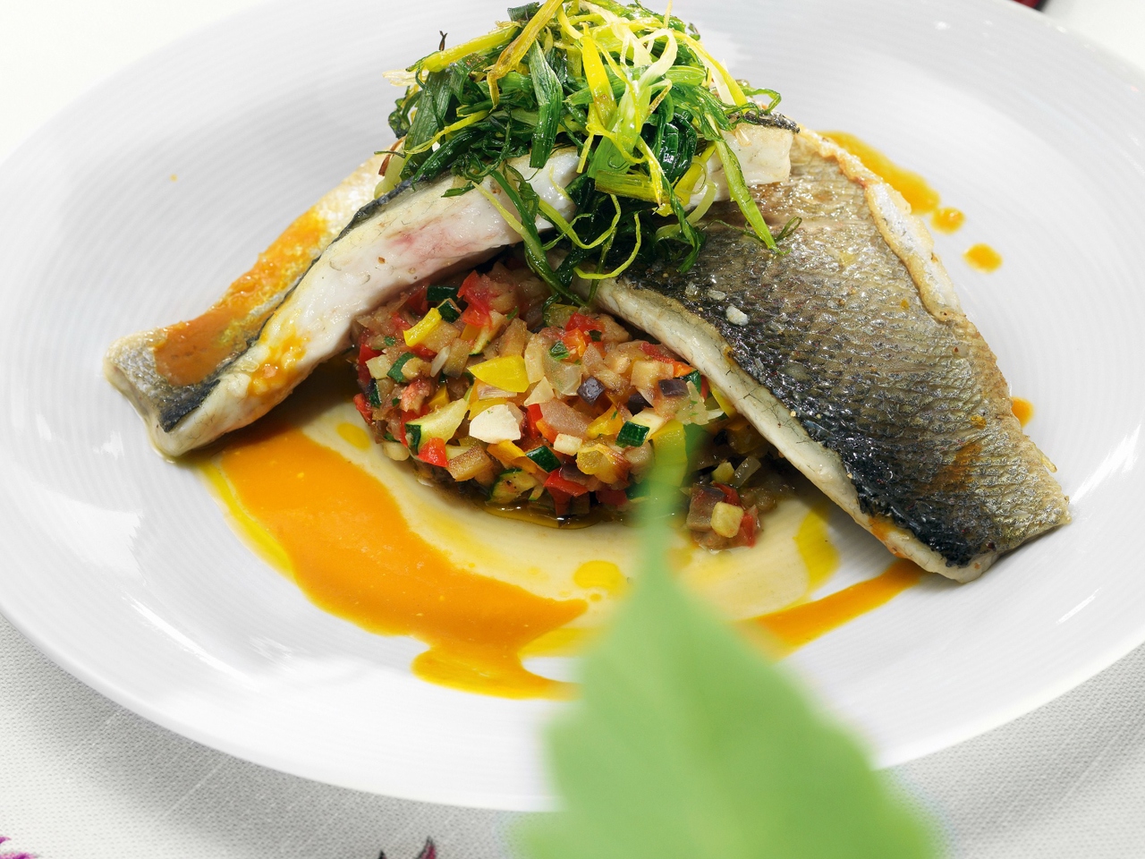 Sea Bass with Ratatouille and Sweet Pepper Sauce