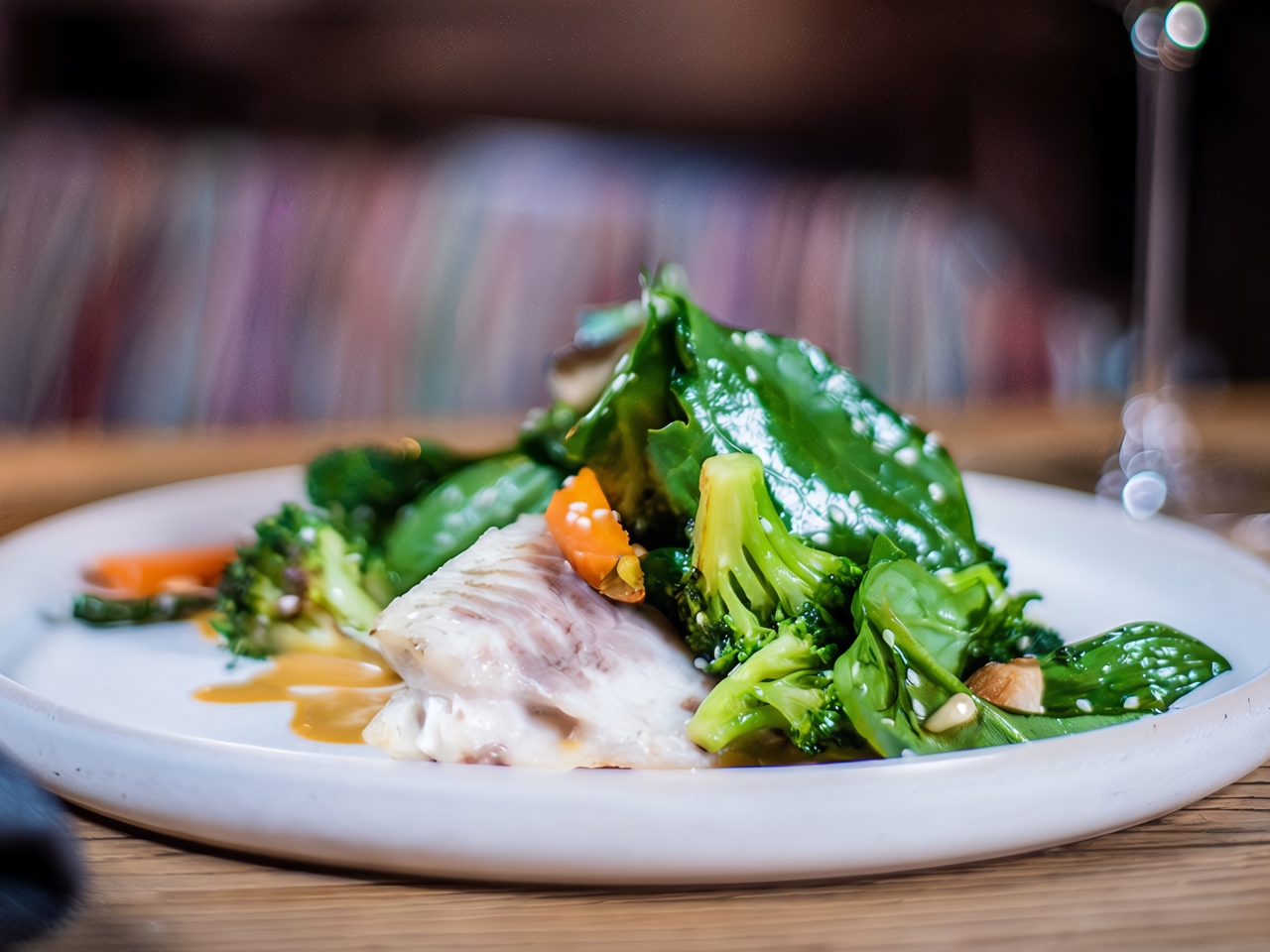 Sea Bass with Green Vegetables and Tamarind Sauce
