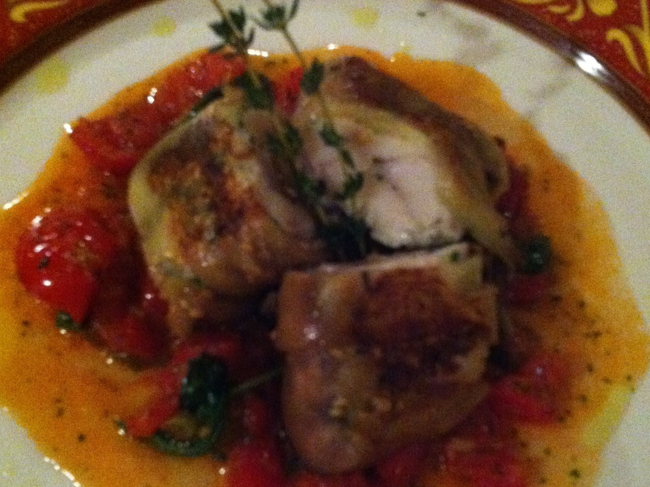 Sea Bass in Eggplant with Tomato Sauce