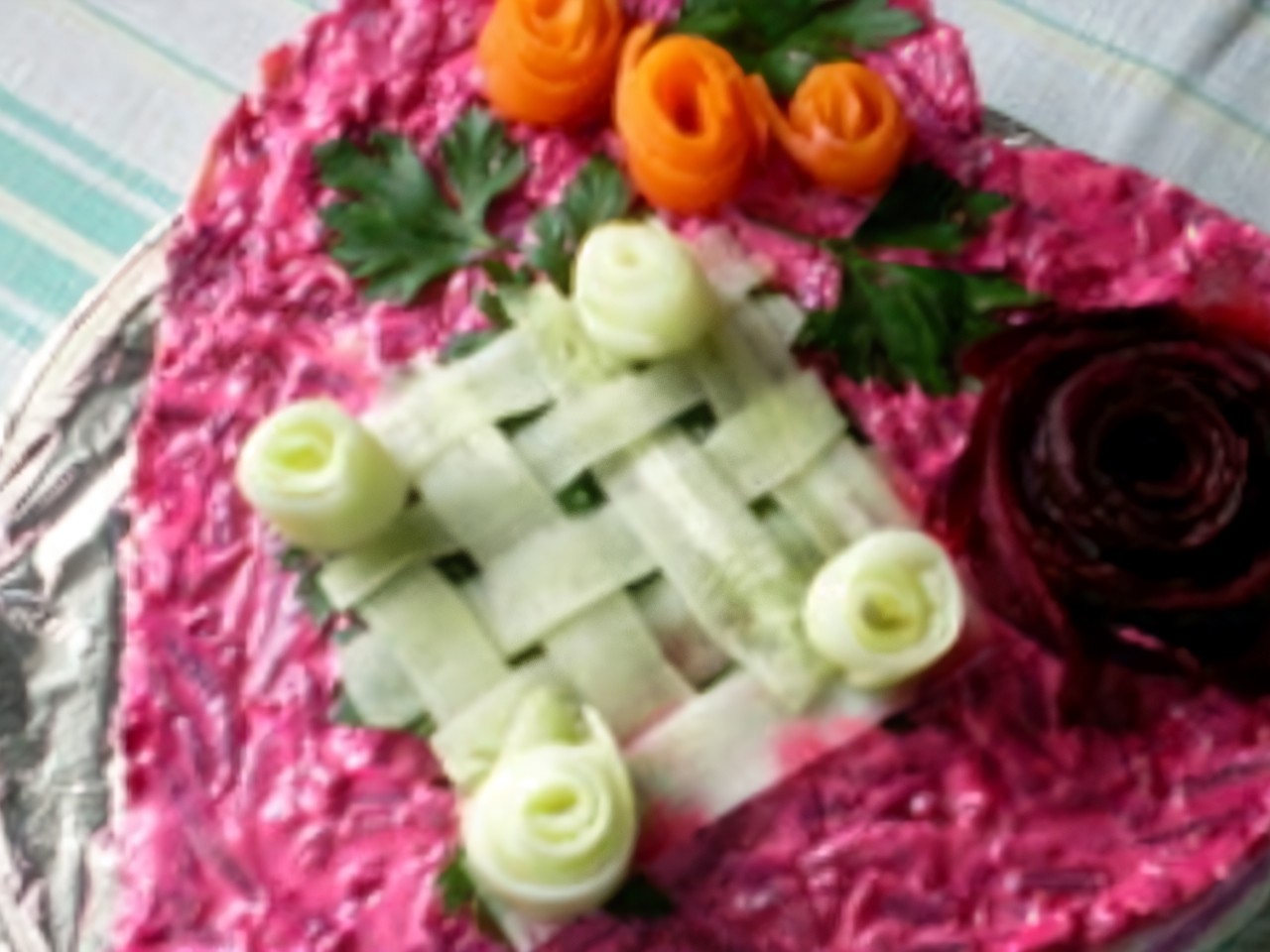 Layered Vegetable Salad with Walnuts and Crab Meat