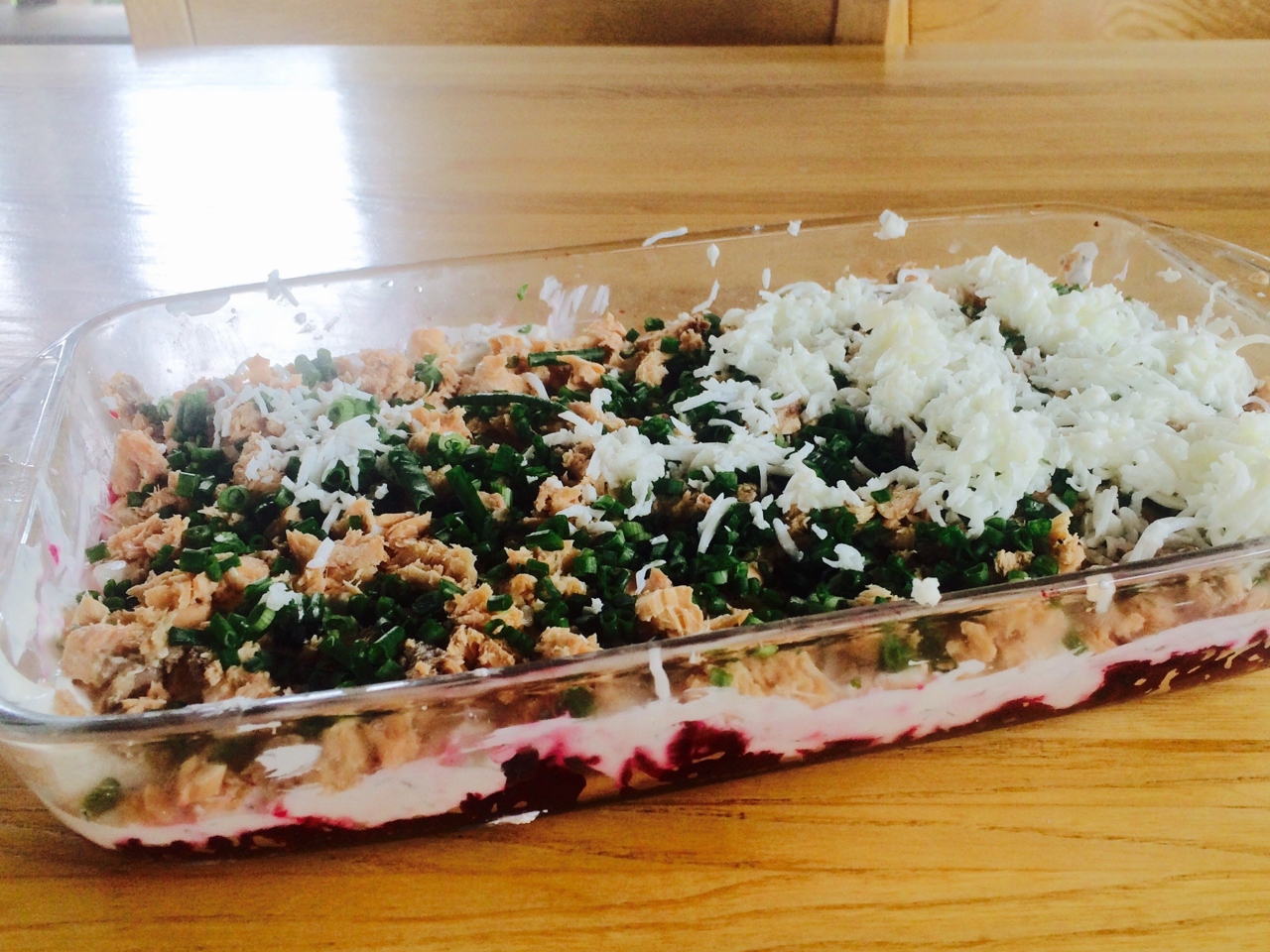 Layered Beet and Pink Salmon Salad with Sour Cream
