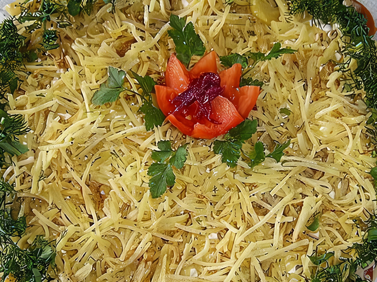 Layered Salad with Potatoes, Ham, and Cheese