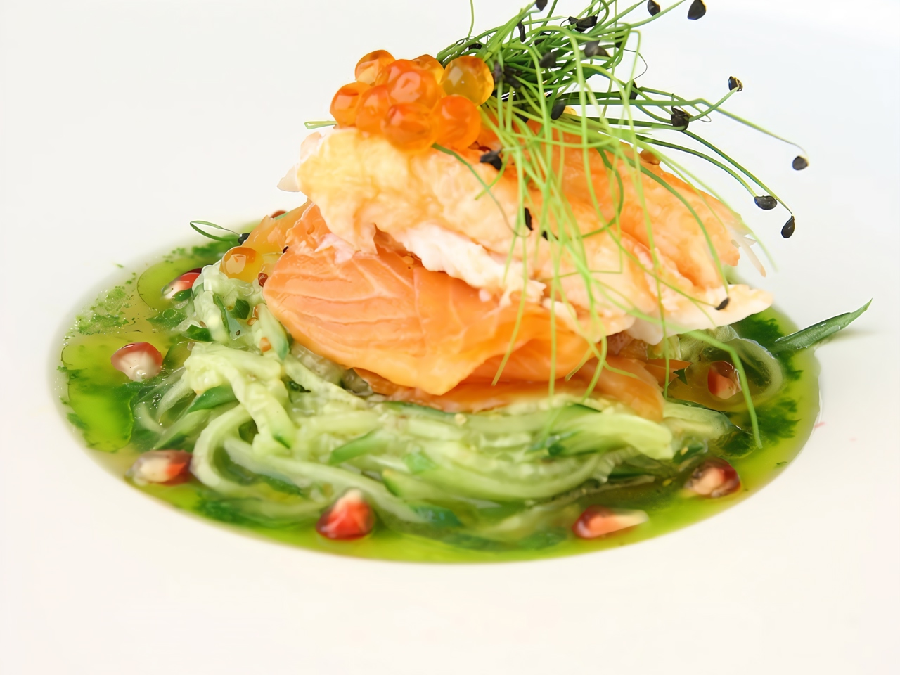 Cucumber Spaghetti with Smoked Trout, Kamchatka Crab, and Olive Oil, Vinegar, and Maple Syrup Sauce