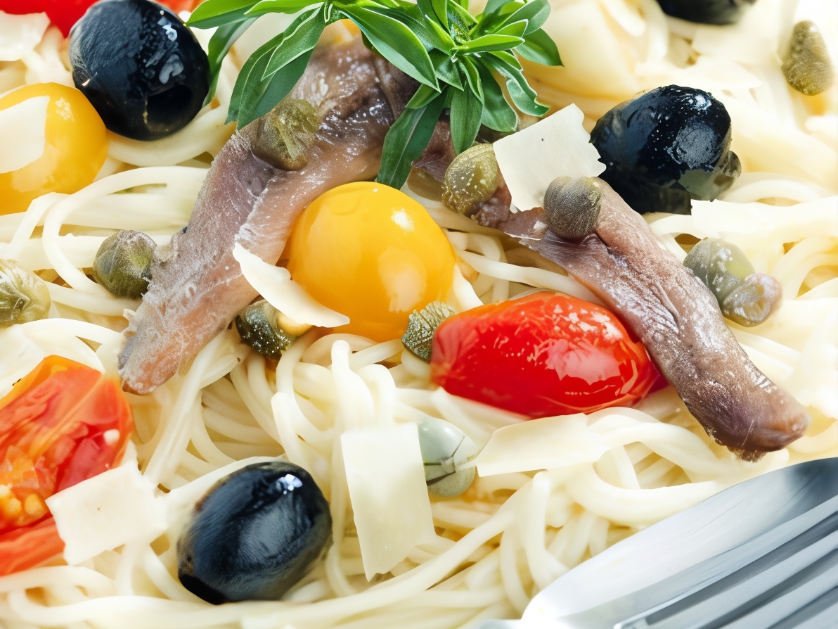 Spaghetti with Anchovies, Parsley, Olives, and Capers
