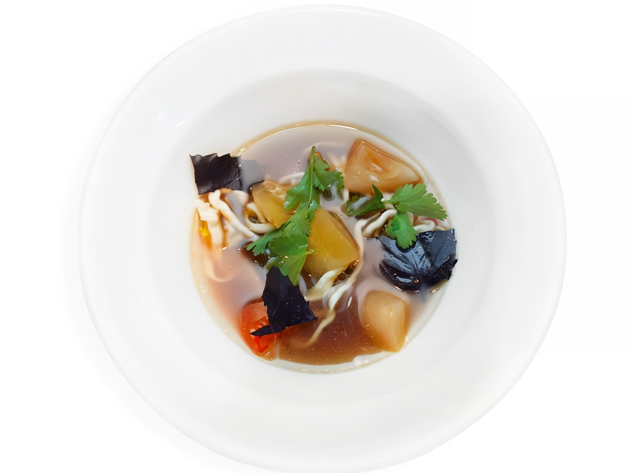Spaghetti with Shrimp Consommé and Pickled Tomatoes