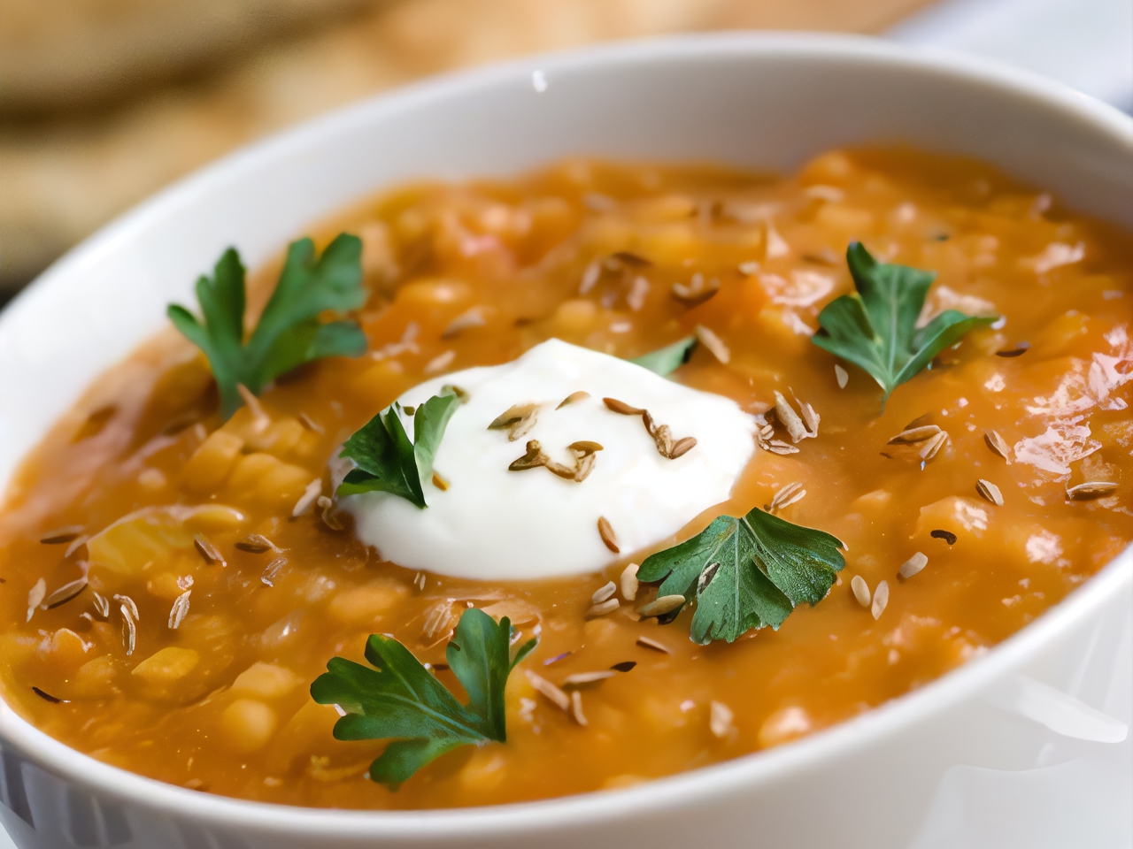 Lentil, Parsnip, and Chorizo Soup with Yogurt and Cilantro Cream