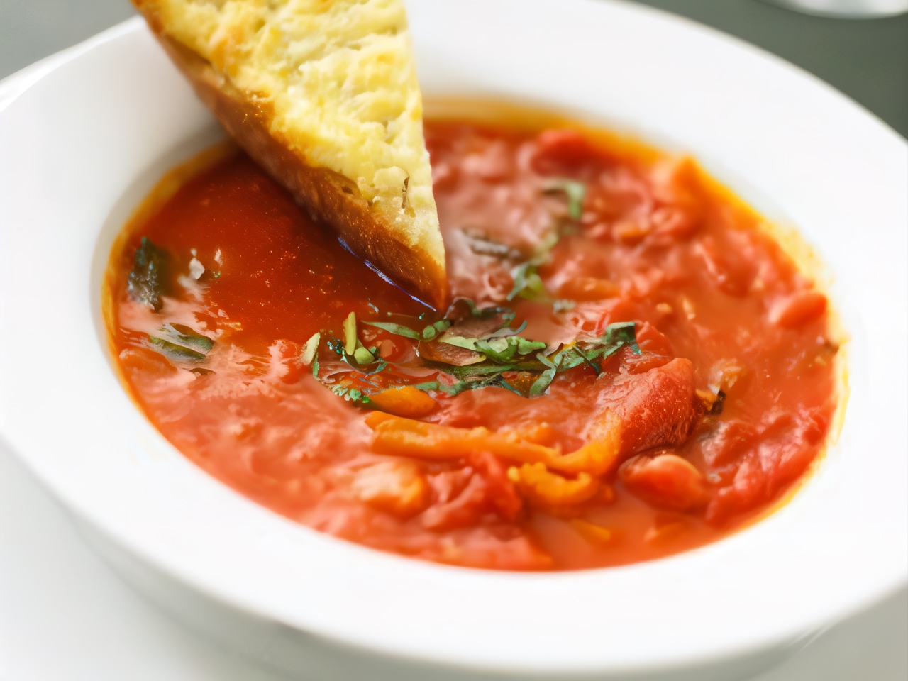 Tomato Soup with Smoked Bacon and Garlic Croutons