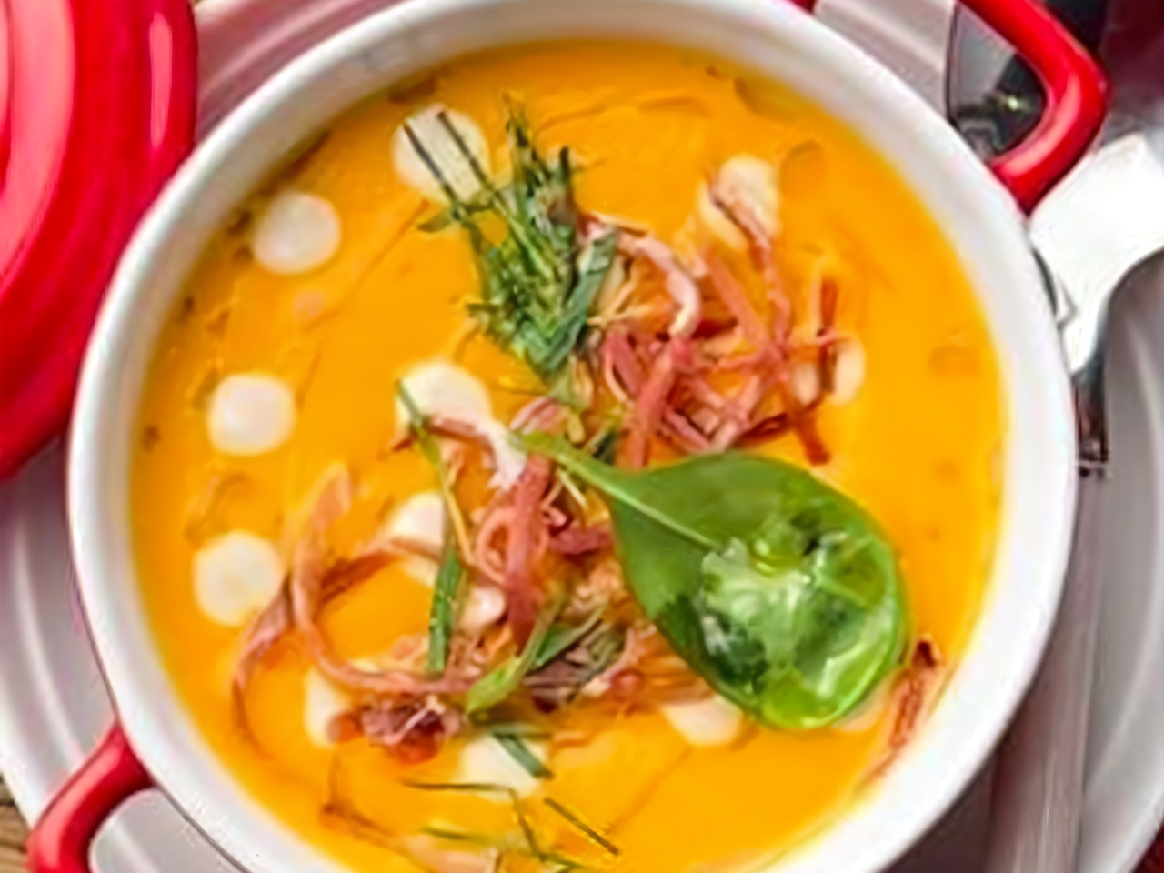 Pumpkin Soup with Chestnut Cream and Prosciutto