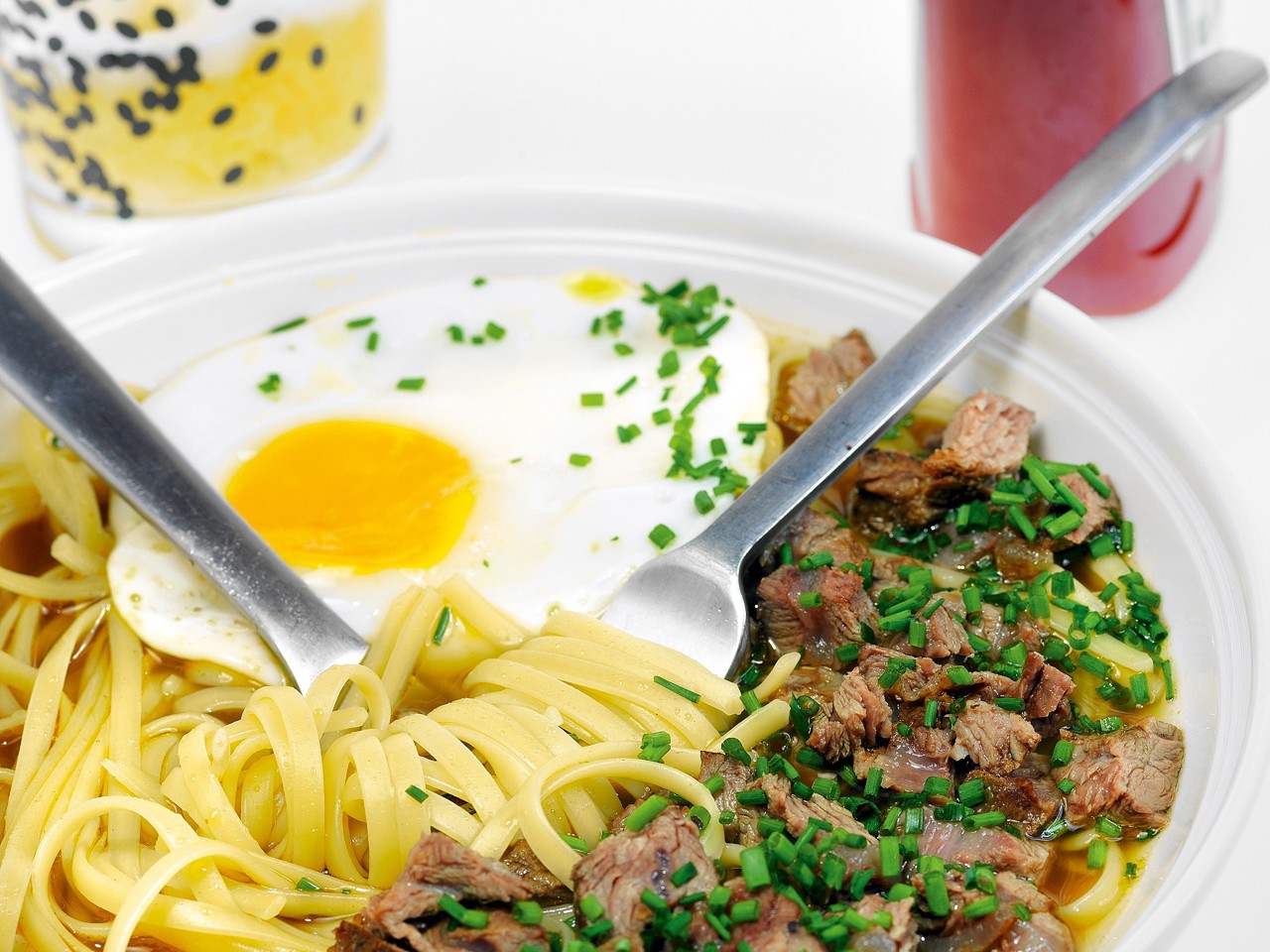 Soup with Pasta, Green Onions, Beef, and Fried Eggs