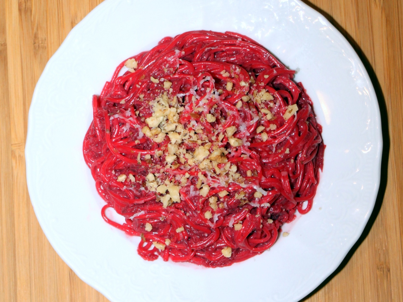 Beet Pasta with Goat Cheese and Walnuts