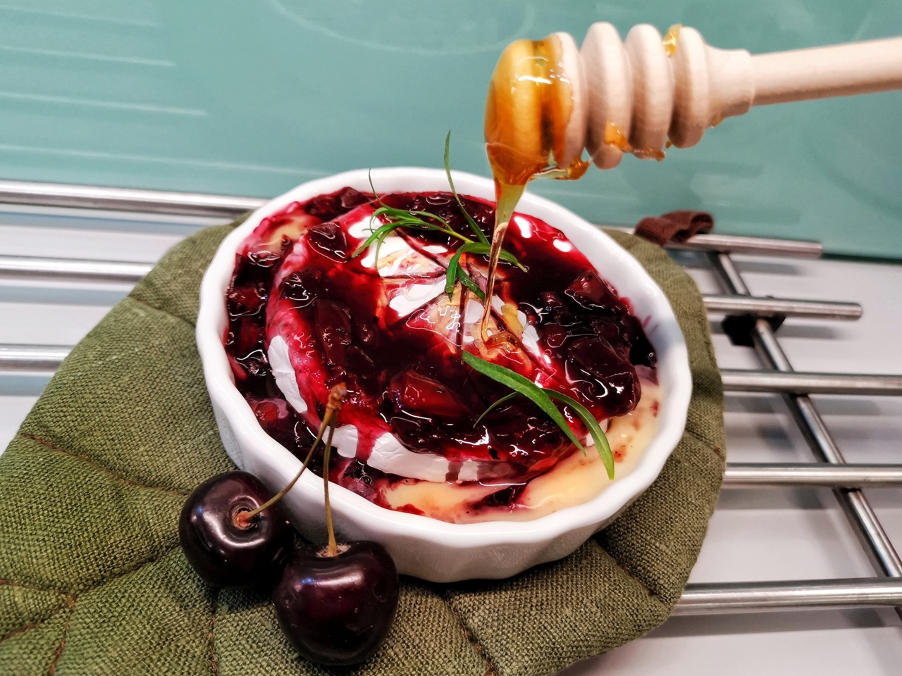 Brie Cheese with Cherries and Honey