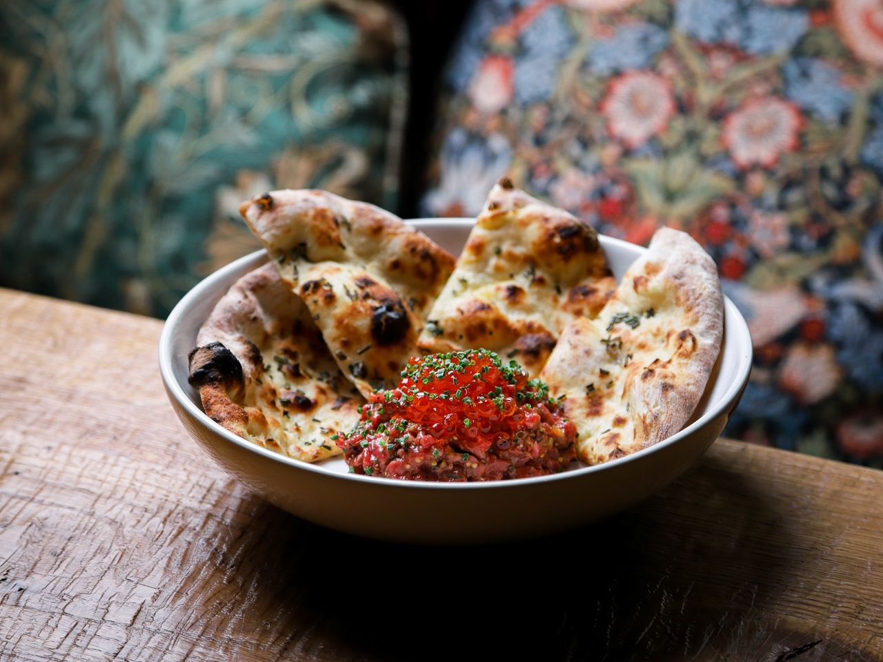 Beef Tartare with Red Caviar and Flatbread