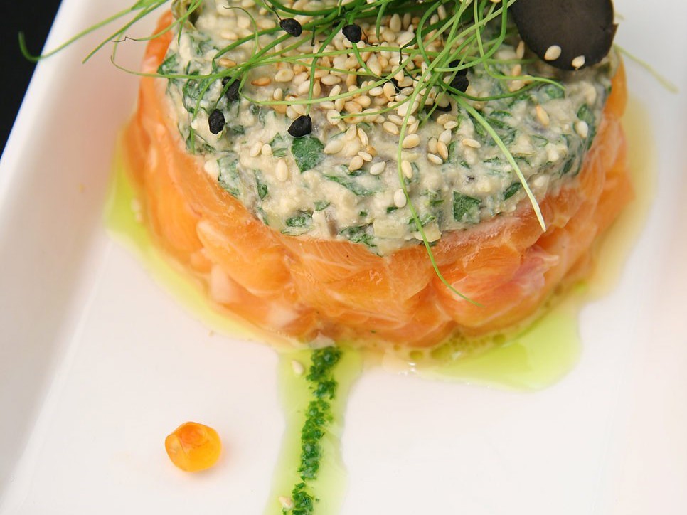 Salmon Tartare with Goat Cheese Cream and Herb Oil Sauce