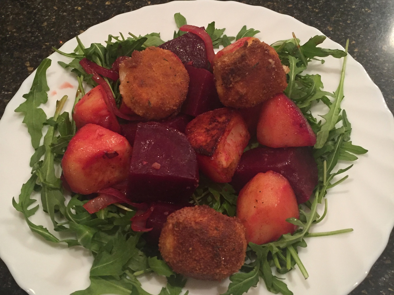 Warm Crispy Salad with Fried Mozzarella, Beets, Young Potatoes, and Arugula