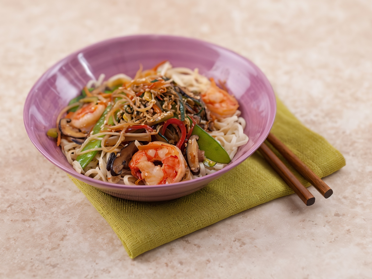 Tiger Shrimp with Stir-Fry Vegetables on Egg Noodles