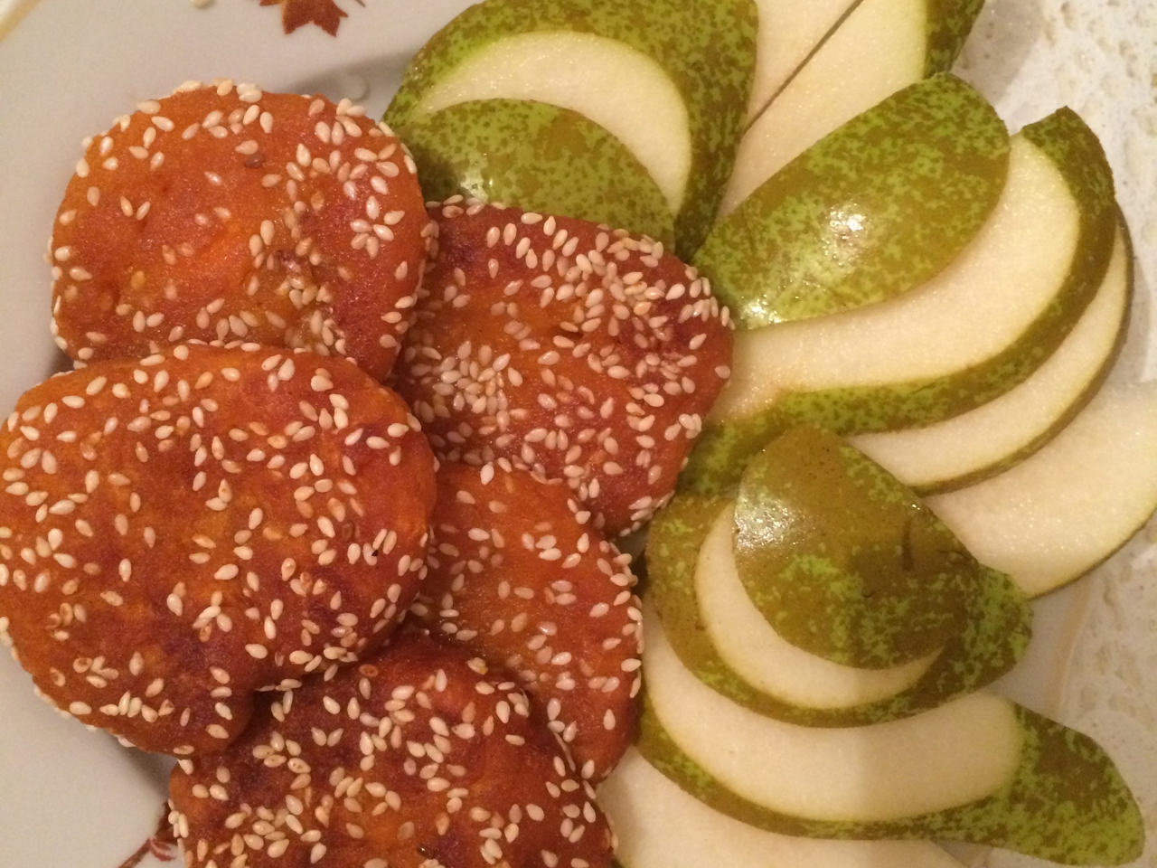 Pumpkin with Honey in Sesame, Served with Pear and Maple Syrup