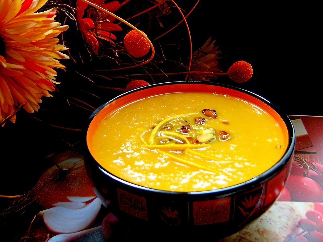 Pumpkin Cream Soup with Caramelized Pistachios