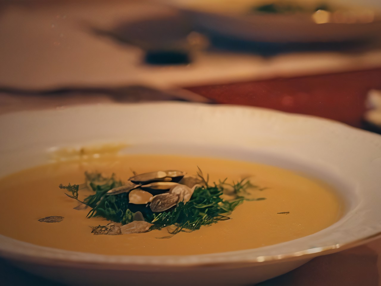 Pumpkin Cream Soup with Greens and Seeds