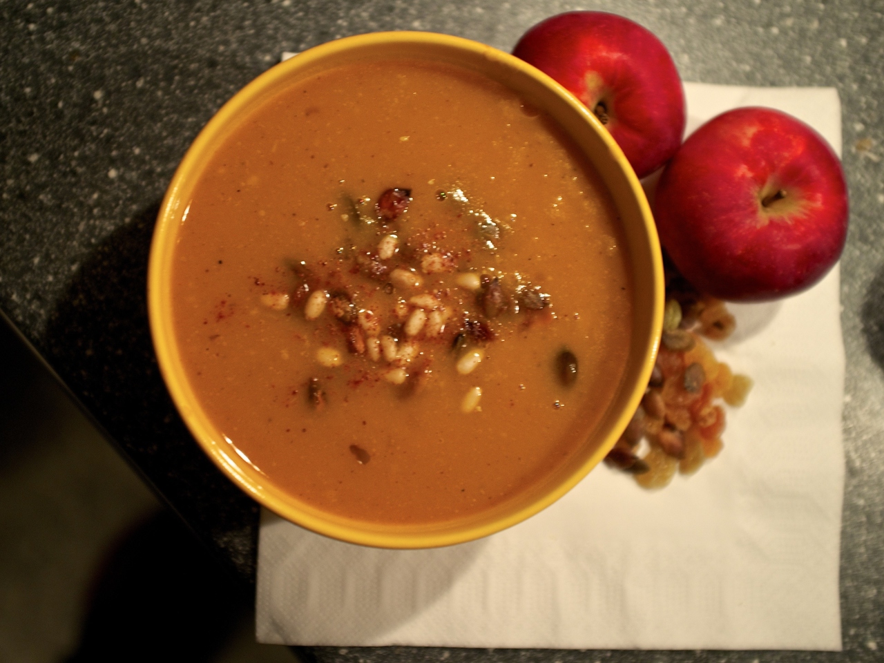 Pumpkin Soup with Apples, Spices, and Raisins