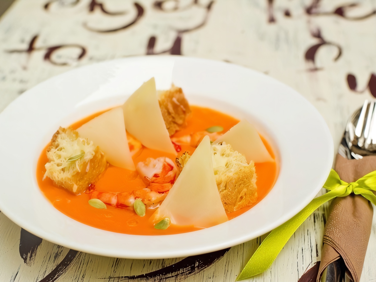 Pumpkin Soup with Tiger Shrimp, Parmesan, and Pumpkin Seeds