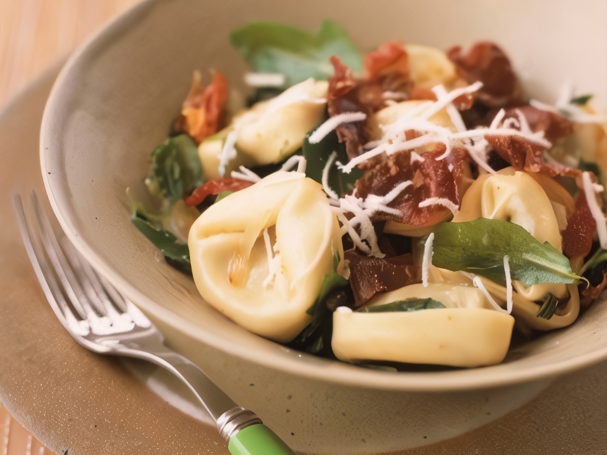 Tortellini with Ham, Arugula, and Grated Parmesan
