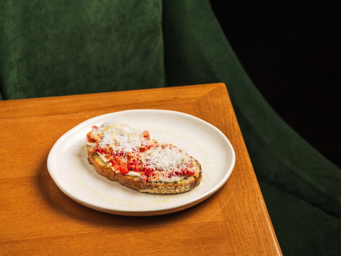 Toast on Tartine with Tomatoes, Pine Nuts, and Pecorino