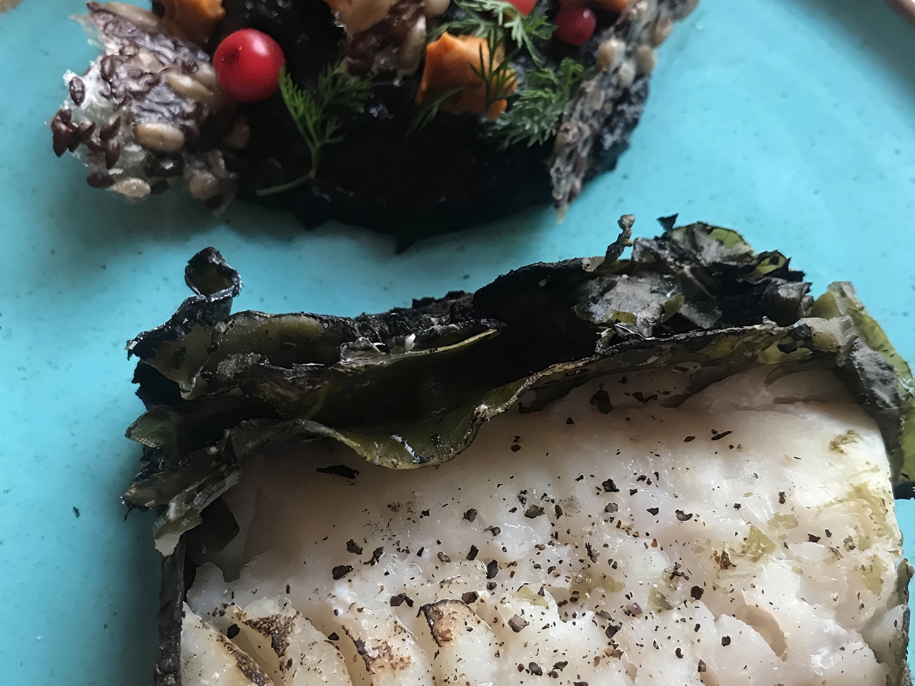 Cod in Seaweed with Black Mashed Potatoes and Pickled Chanterelles