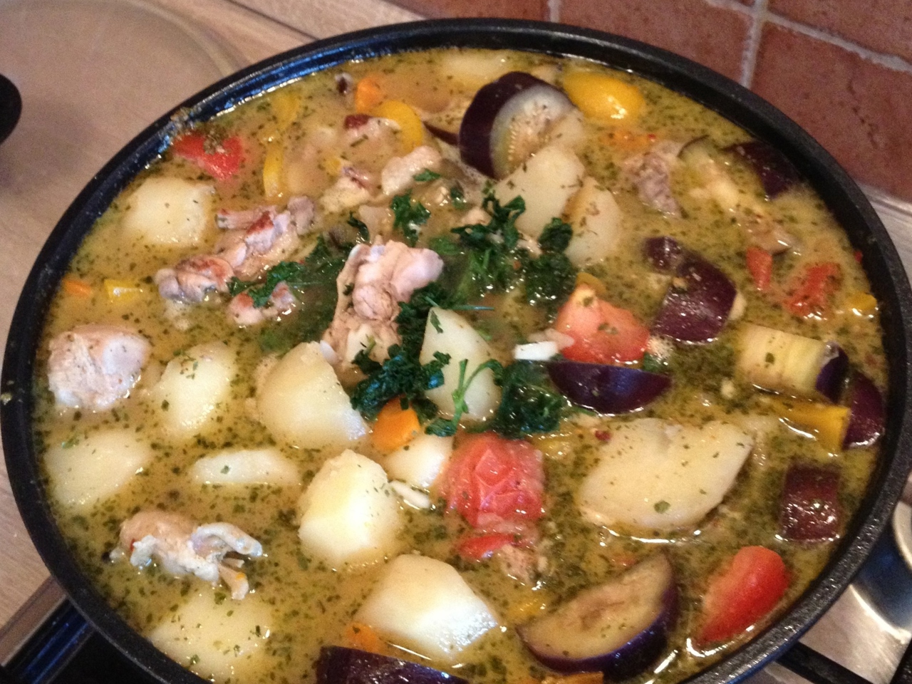 Braised Chicken with Potatoes and Eggplants