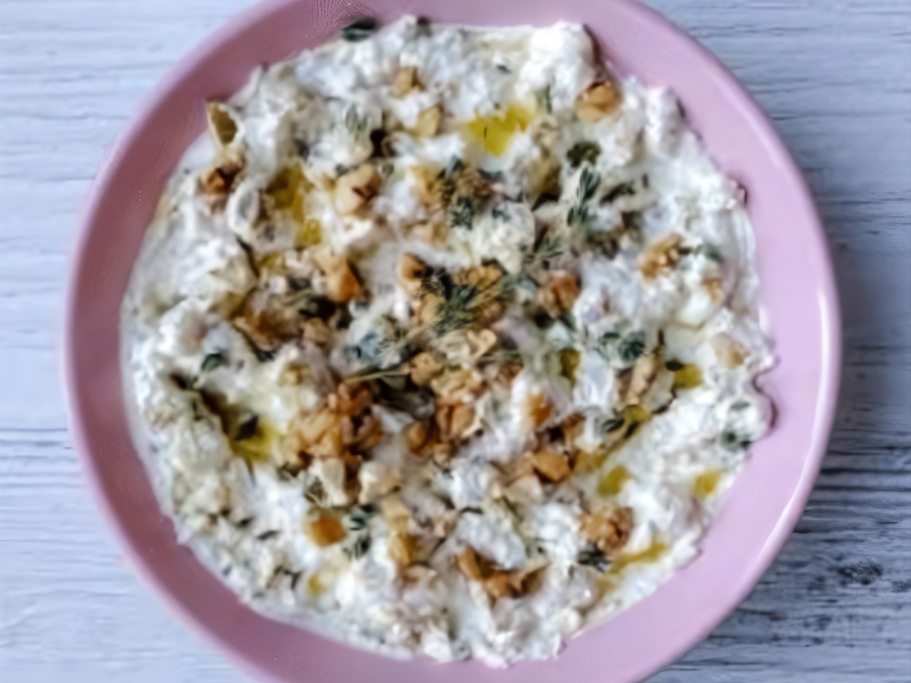 Cottage Cheese with Honey Pear, Blue Cheese, and Walnuts