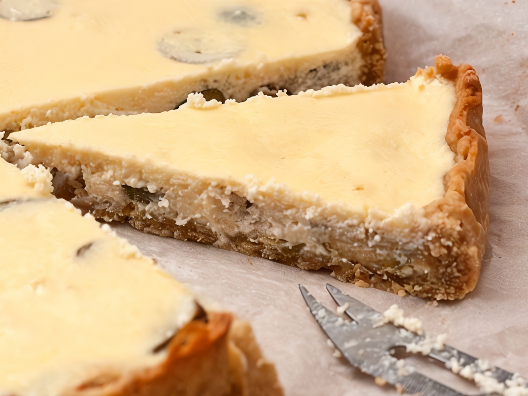 Cottage Cheese Pie with Feijoa and Strawberry Sauce