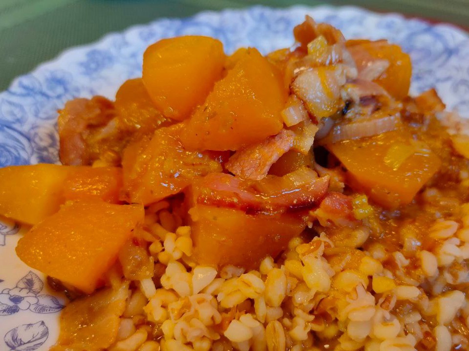 Pumpkin with Bacon, Leeks, and Rice