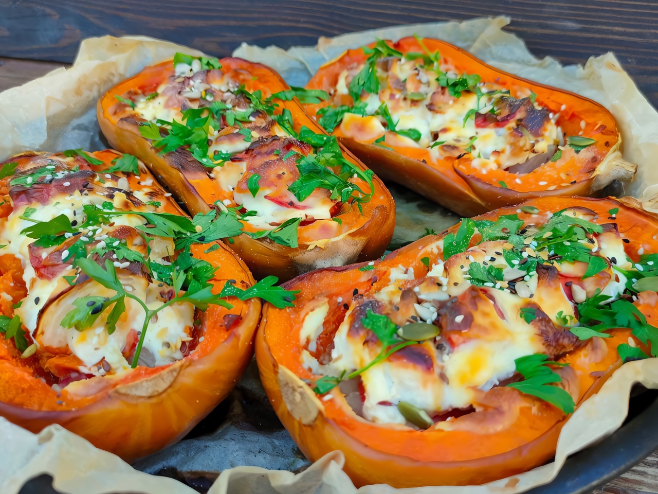 Baked Pumpkin Halves with Chicken and Vegetables