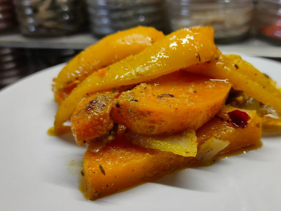 Pumpkin Baked with Sweet Peppers and Onions