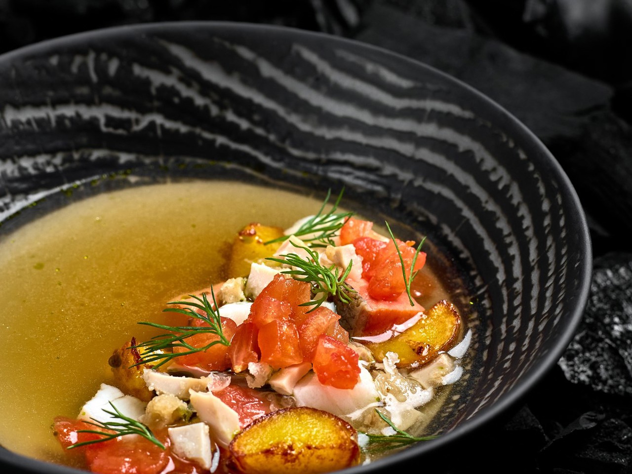 Fish Soup with Northern Fish, Salmon Roe, and Tomato