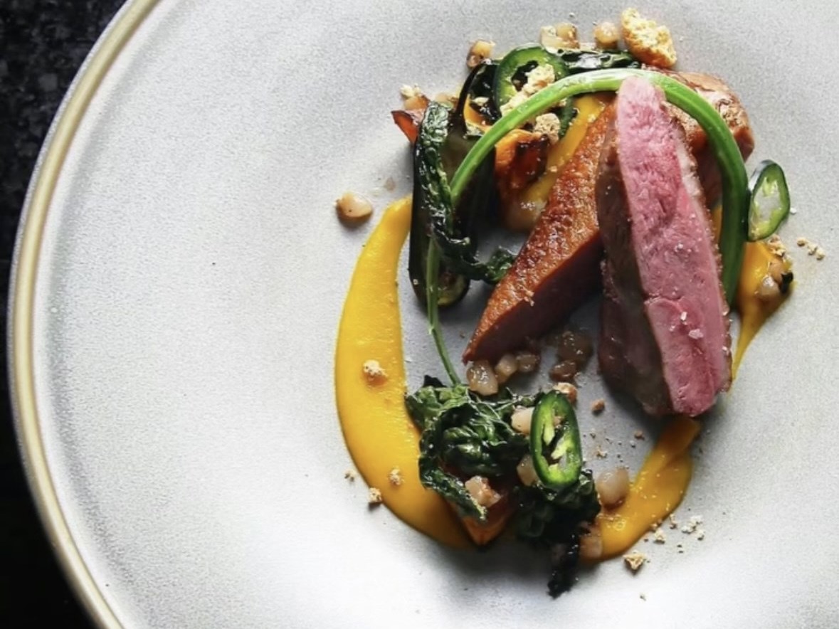 Duck Breast Confit with Young Spinach and Carrot Mousse