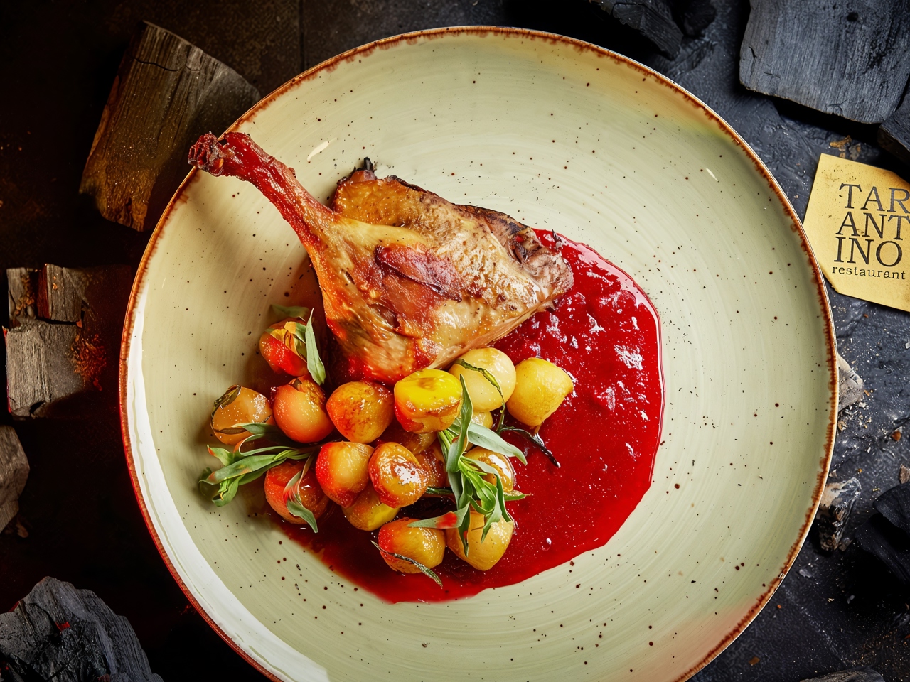 Duck with Baked Apples, Pear, and Cornelian Cherry Sauce