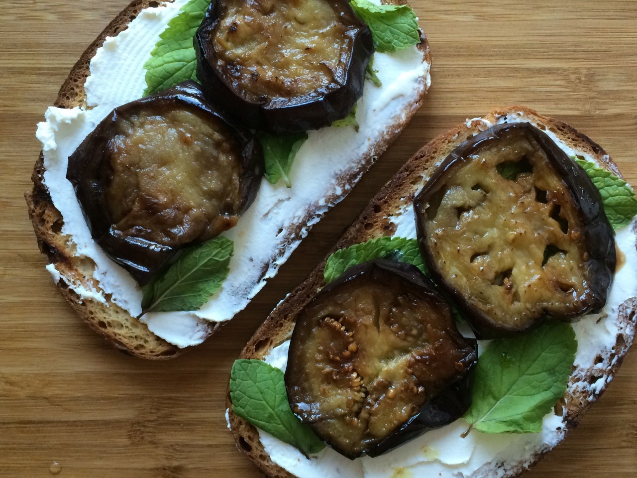 Morning Sandwich with Goat Cheese, Mint, and Eggplant