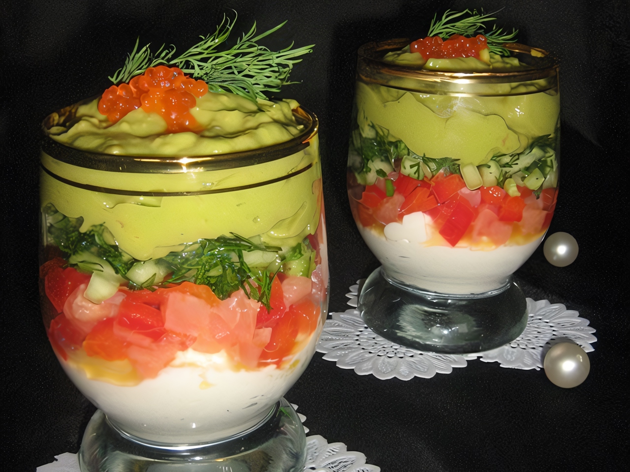 Verrines with Salmon, Cheese Cream, and Avocado Cream