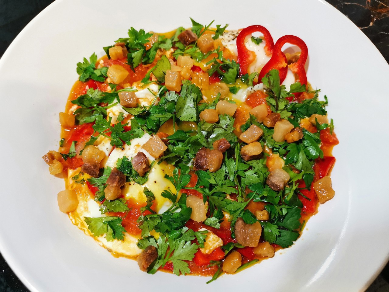 Scrambled Eggs with Bacon and Vegetables