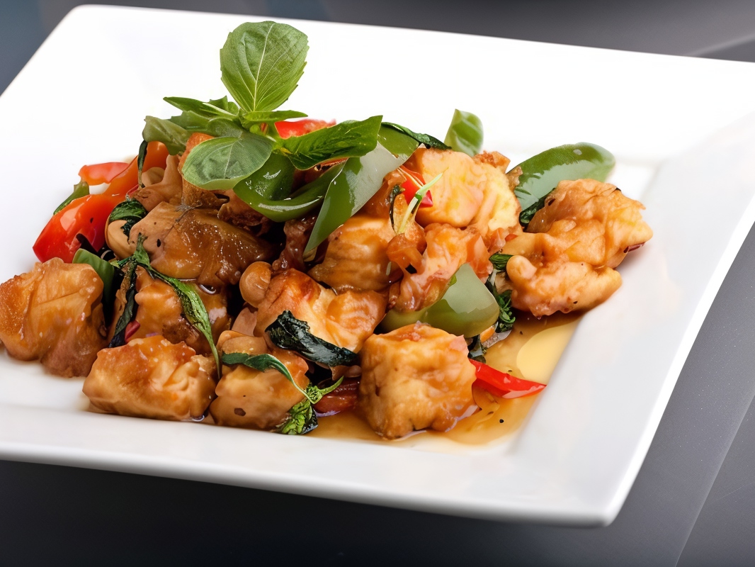 Appetizer of Baked Tofu and Sweet Peppers in Spicy Peanut Sauce