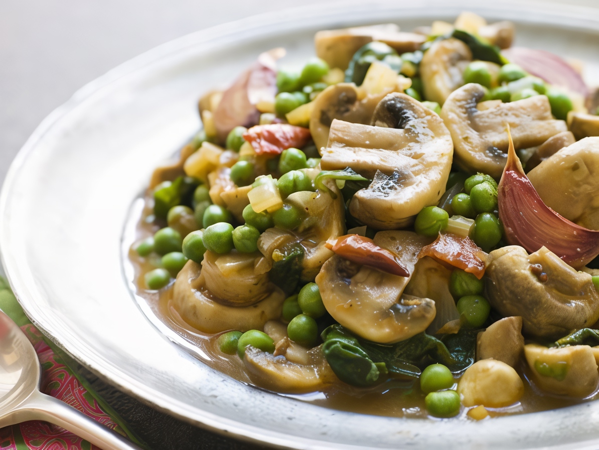 Appetizer of Green Peas, Mushrooms, and Canned Peppers