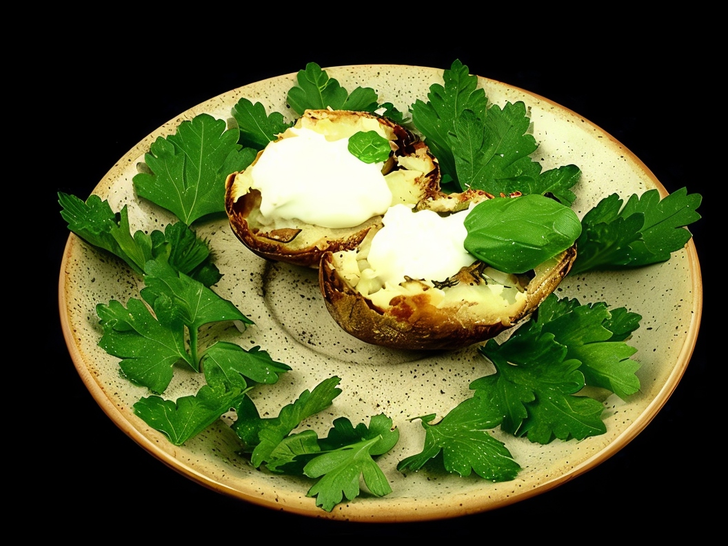 Baked Potato Halves with Parsley Leaves
