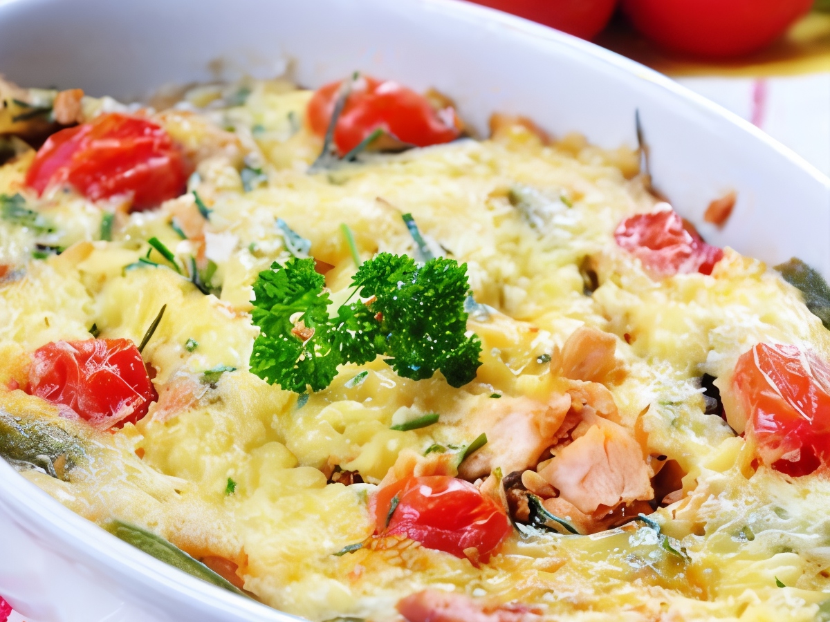 Baked Salmon with Potatoes, Dill, and Cream