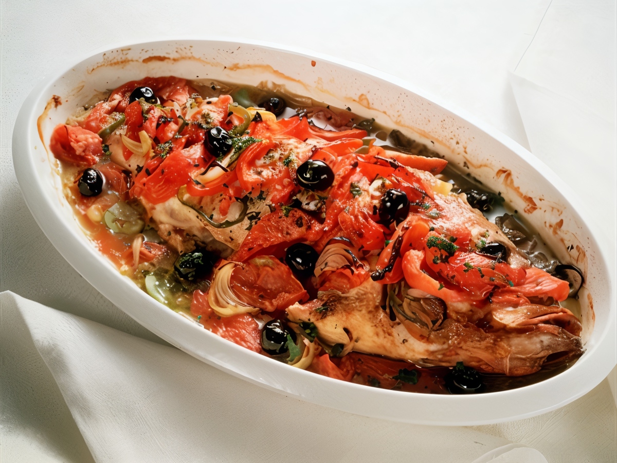 Baked Sea Bass with Tomatoes, Oranges, and Saffron