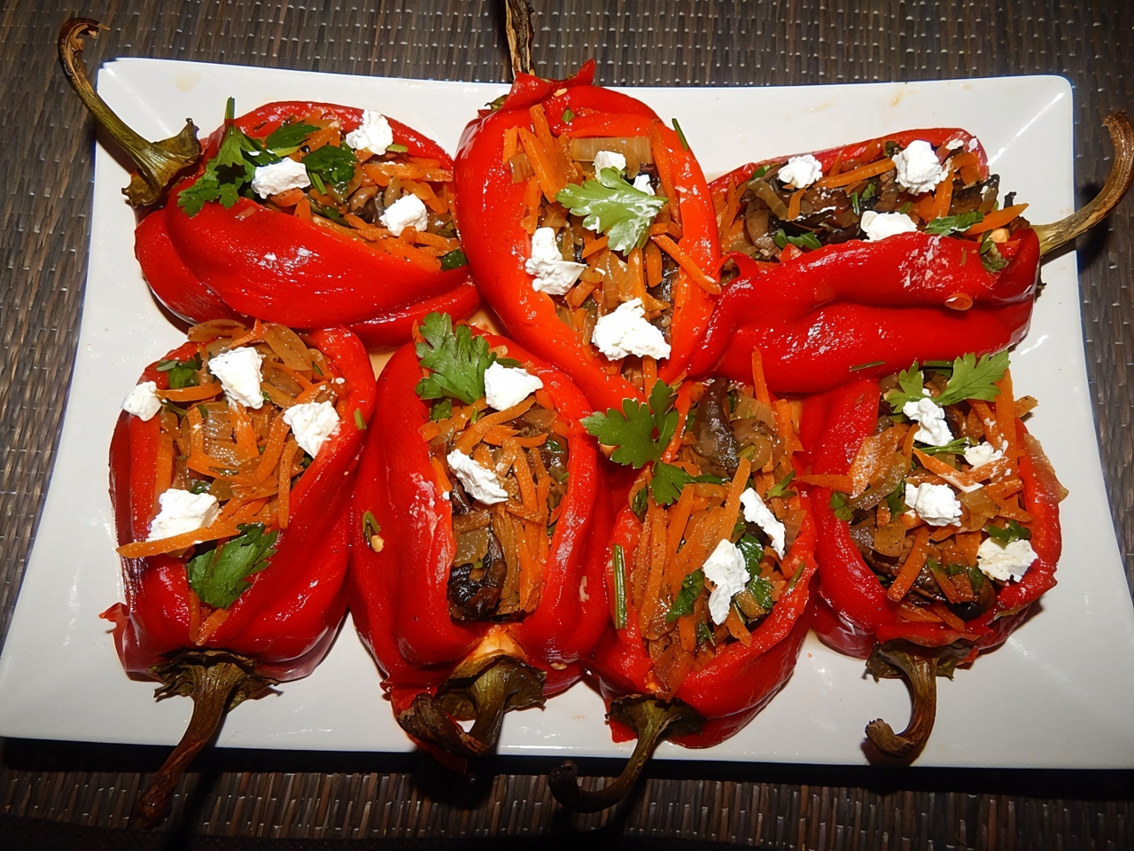 Baked Peppers Stuffed with Feta, Sautéed Vegetables, and Mushrooms