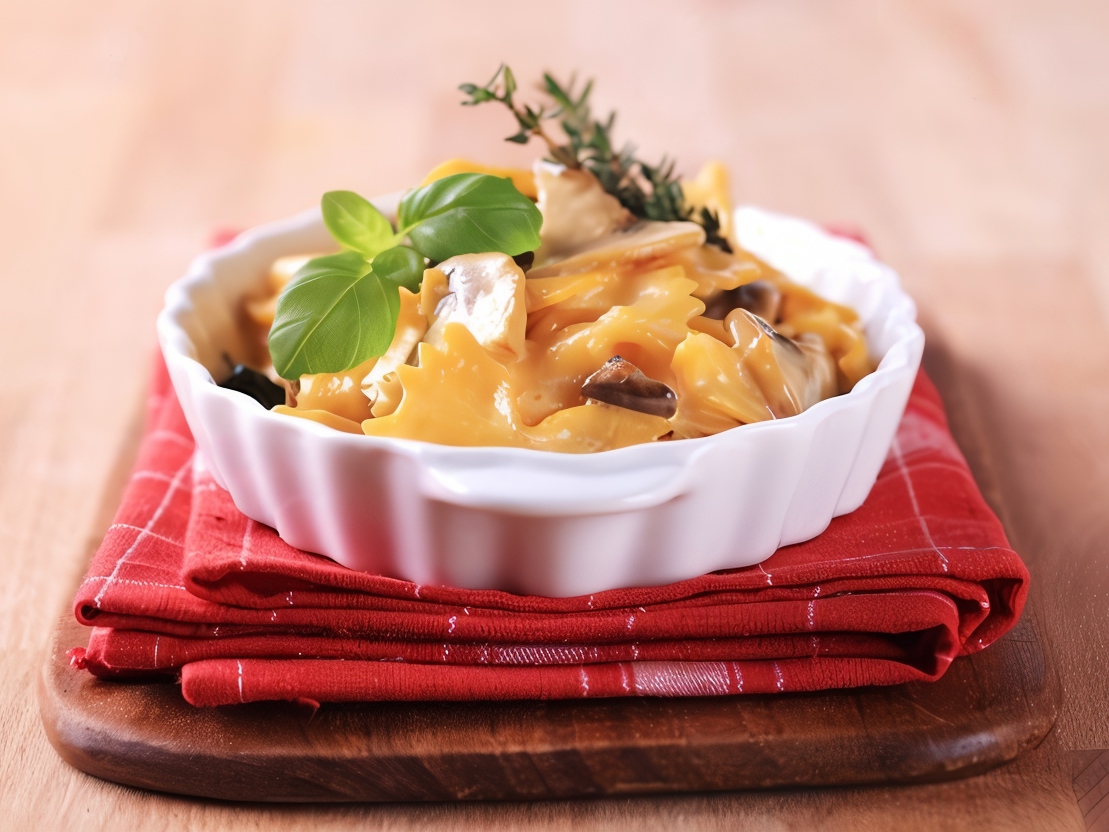 Baked Pasta with Butternut Squash and Mushrooms under a Cheese Crust